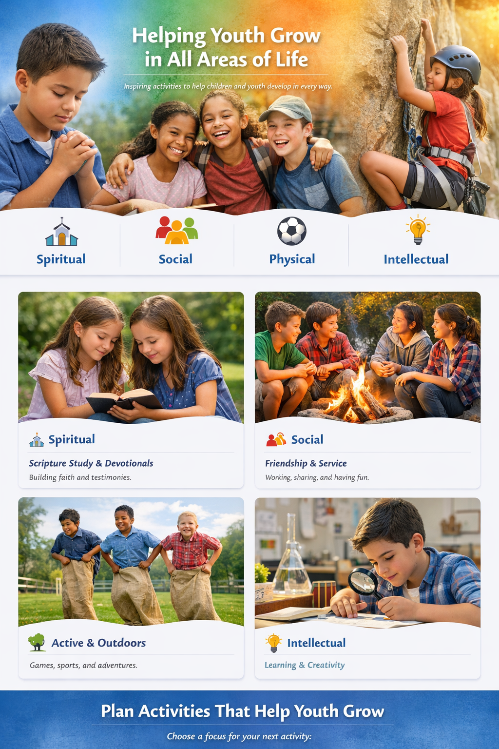 Children participating in spiritual, social, physical, and intellectual activities