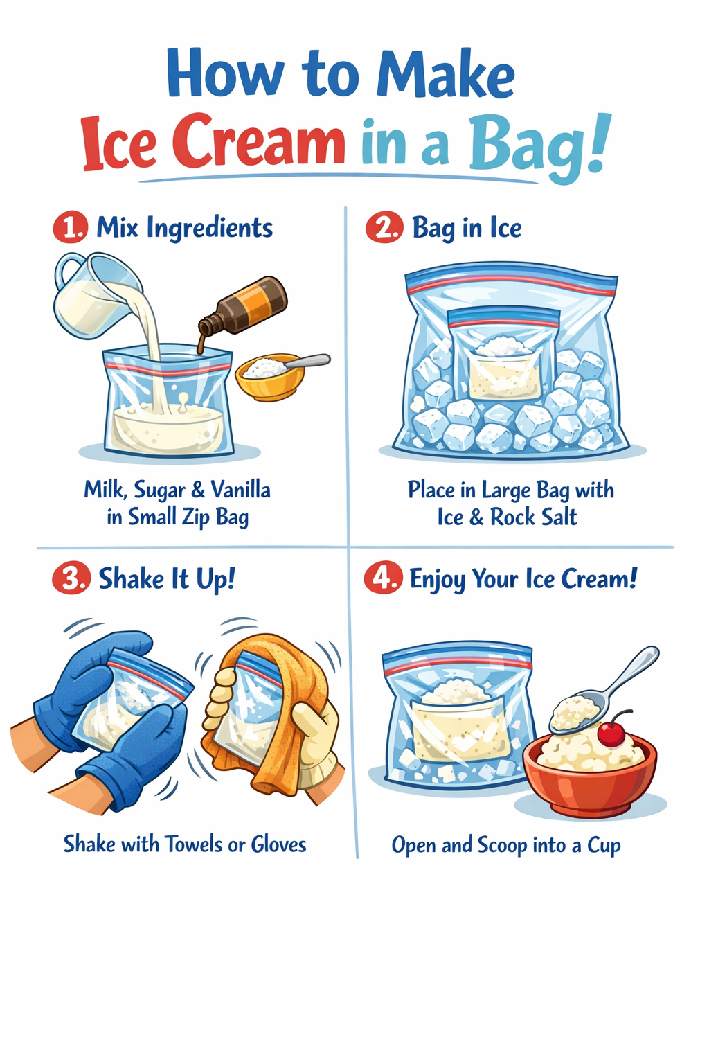 Step-by-step illustration showing how to make homemade ice cream in freezer bags