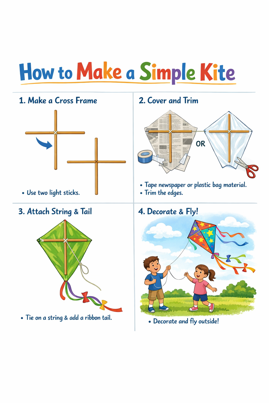 Step-by-step illustration showing how to make a homemade kite from newspaper or a plastic bag