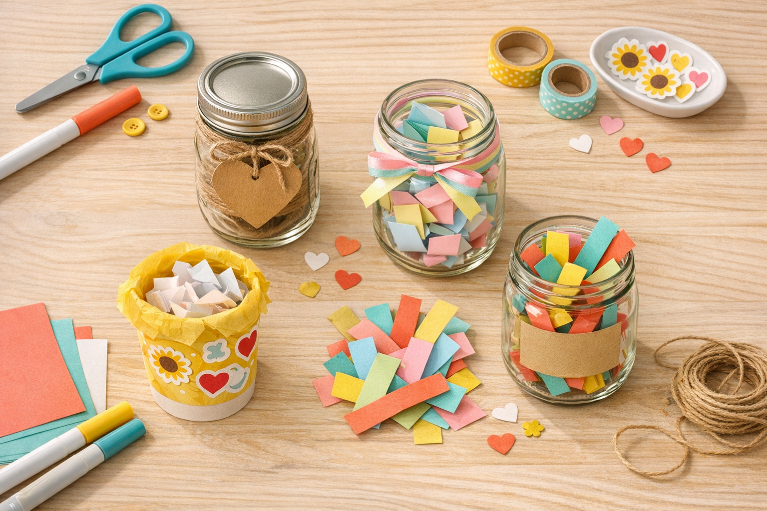 Four prayer jar craft ideas displayed together for Activity Days leaders, including jars and cups with ribbon, tags, prompt slips, and simple decorations
