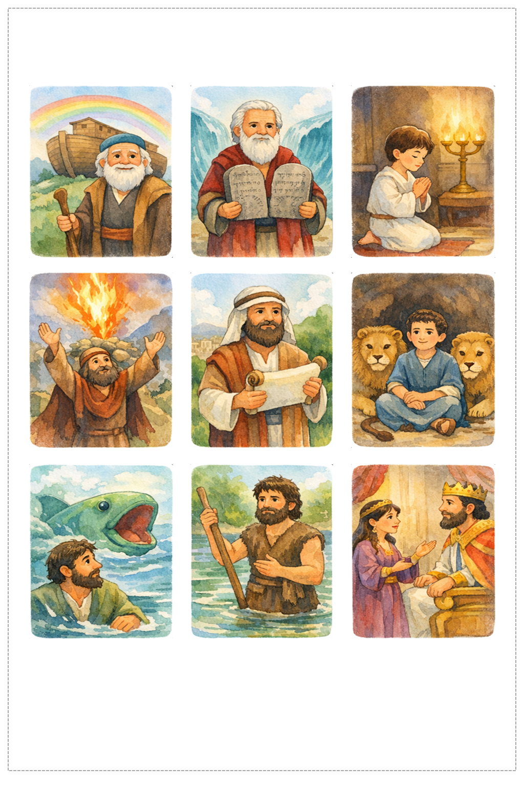 Printable sheet with same-size portrait cards for Bible prophets including Noah, Moses, Samuel, Elijah, Isaiah, Daniel, Jonah, John the Baptist, and Esther.