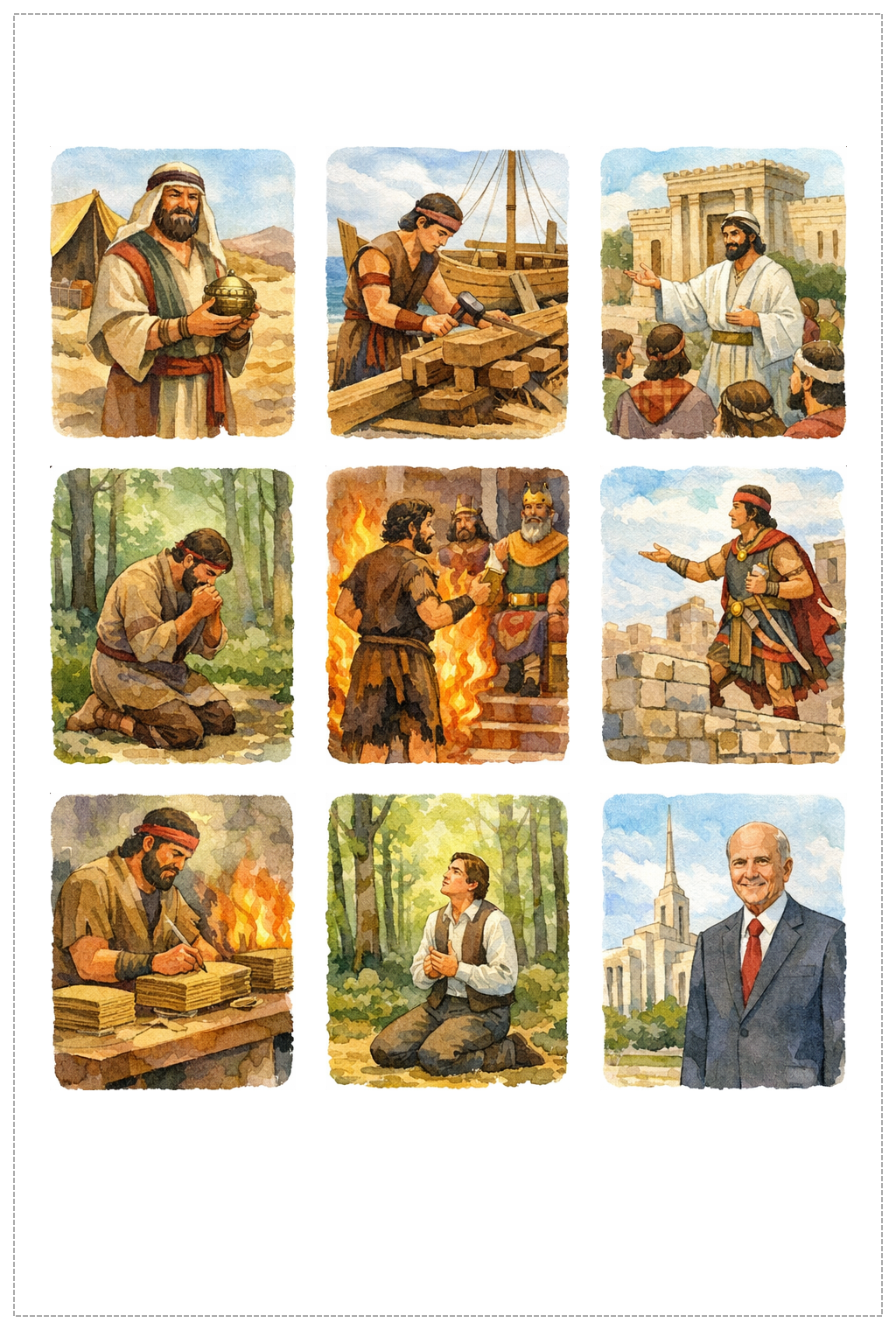 Printable sheet with same-size portrait cards for Book of Mormon and latter-day prophets including Lehi, Nephi, Jacob, Enos, Abinadi, Samuel the Lamanite, Mormon, Joseph Smith, and Russell M. Nelson.