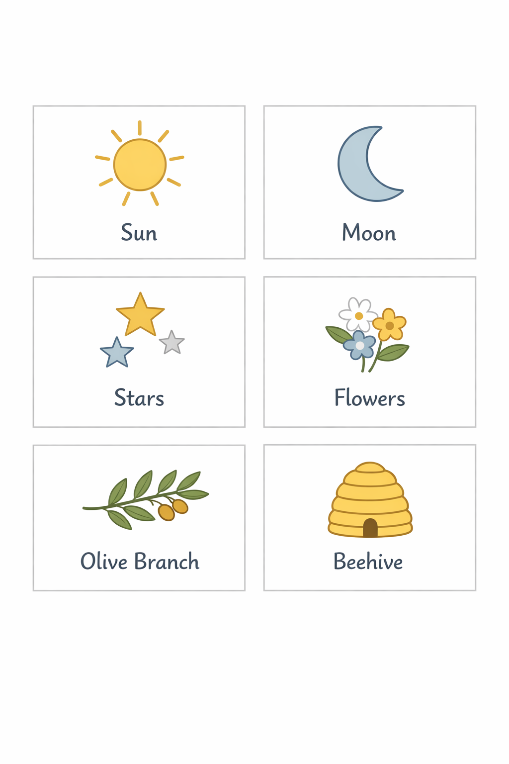 Printable sheet showing six temple-themed symbol cards labeled Sun, Moon, Stars, Flowers, Olive Branch, and Beehive.